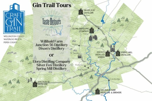A map of South-western Ontario emphasizing distillleries